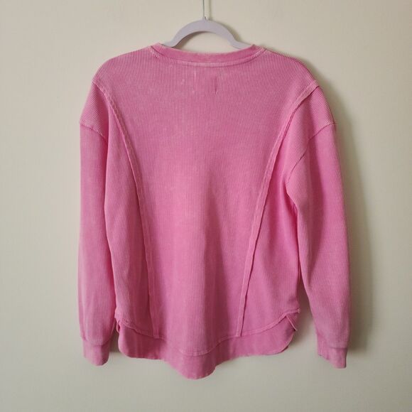 Sunnyside by Sundry Waffle-Knit Lounge Top Fuschia Pink Distressed Womens Size S - Picture 2 of 7